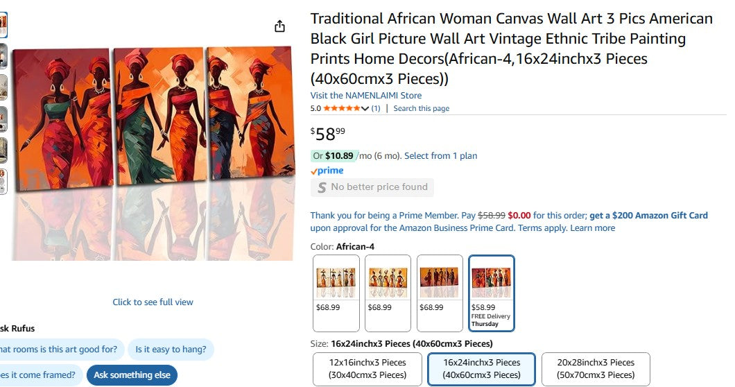 Traditional African Woman Canvas Wall Art 3 Pics American Black Girl Picture Wall Art