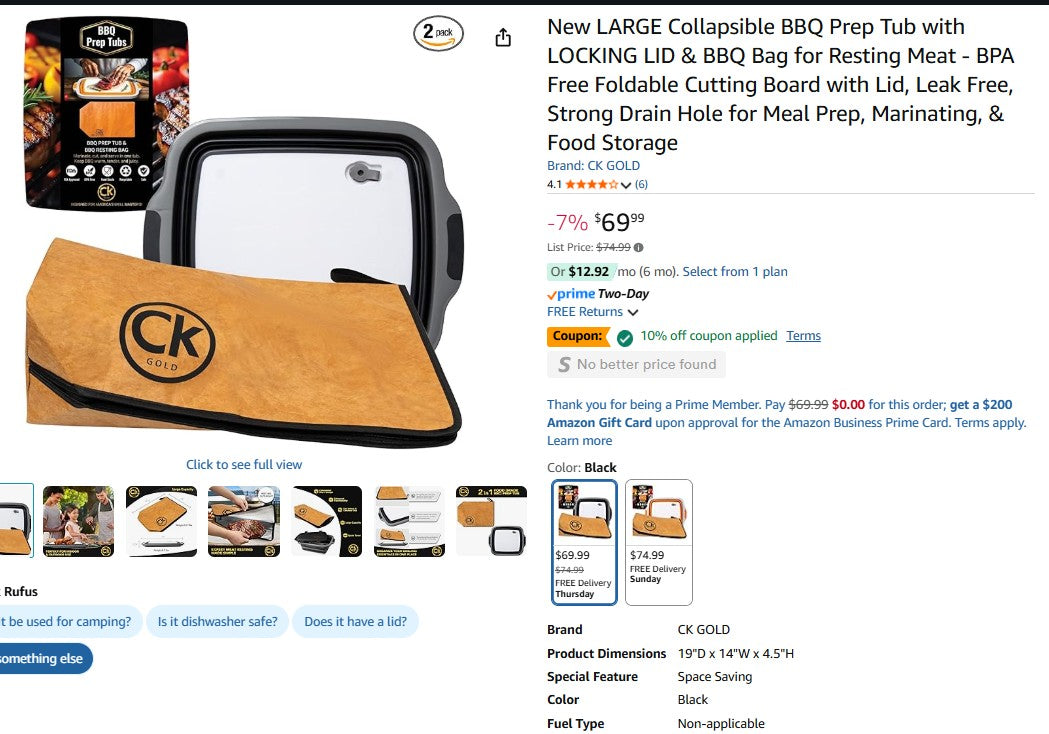 New LARGE Collapsible BBQ Prep Tub with LOCKING LID & BBQ Bag for Resting Meat