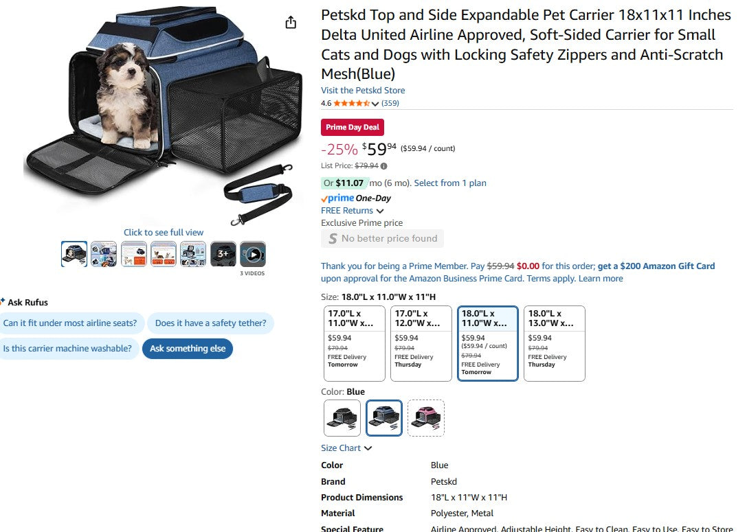 Petskd Top and Side Expandable Pet Carrier 18x11x11 Inches Delta United Airline Approved