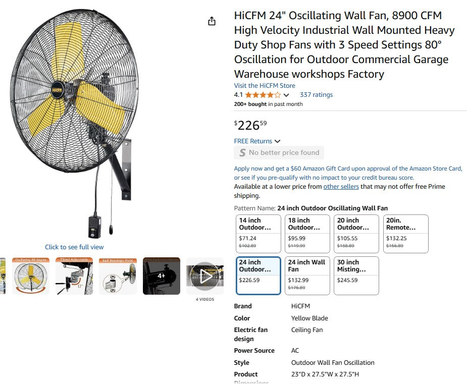 HiCFM 24" Oscillating Wall Fan, 8900 CFM High Velocity Industrial Wall Mounted Heavy Duty