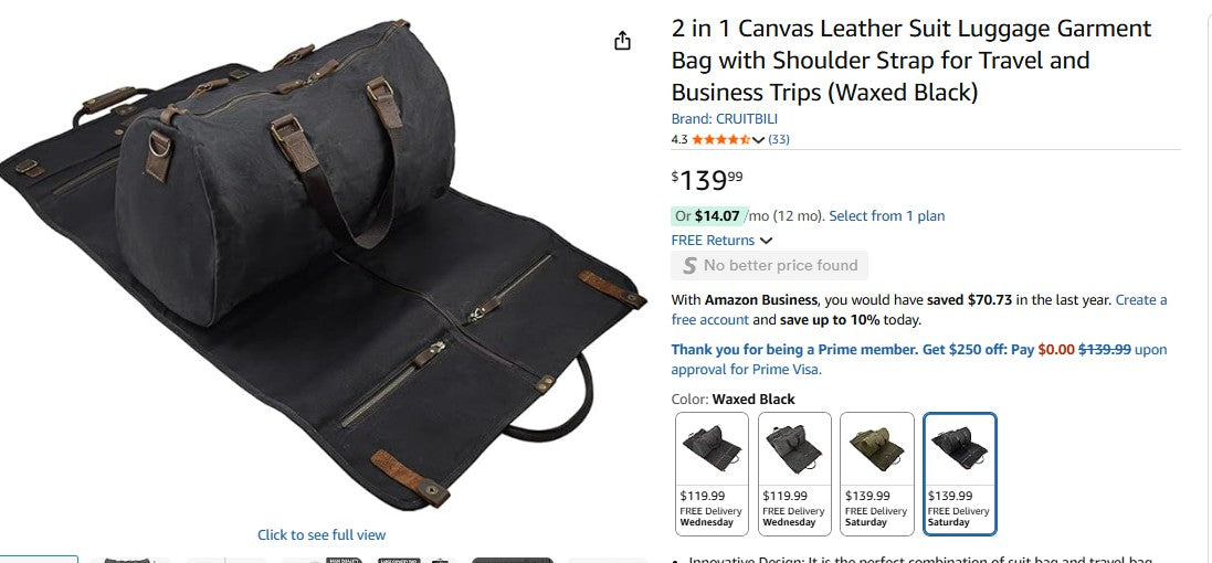 2 in 1 Canvas Leather Suit Luggage Garment Bag with Shoulder Strap for Travel (Waxed Black)