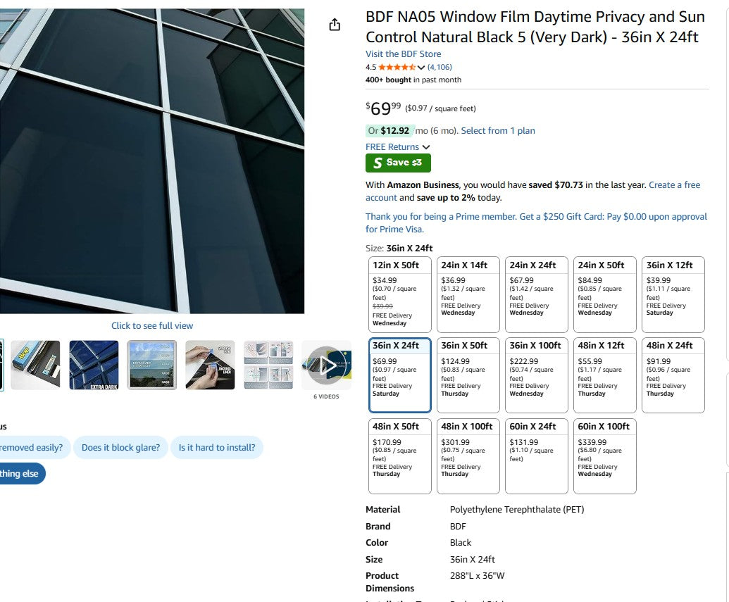 BDF NA05 Window Film Daytime Privacy and Sun Control Natural Black 5 (Very Dark) - 36in X 24ft