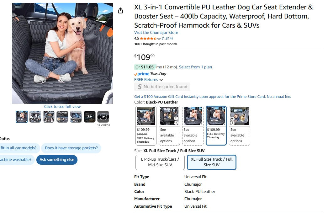 XL 3-in-1 Convertible PU Leather Dog Car Seat Extender & Booster Seat – 400lb Capacity, Waterproof, Hard Bottom