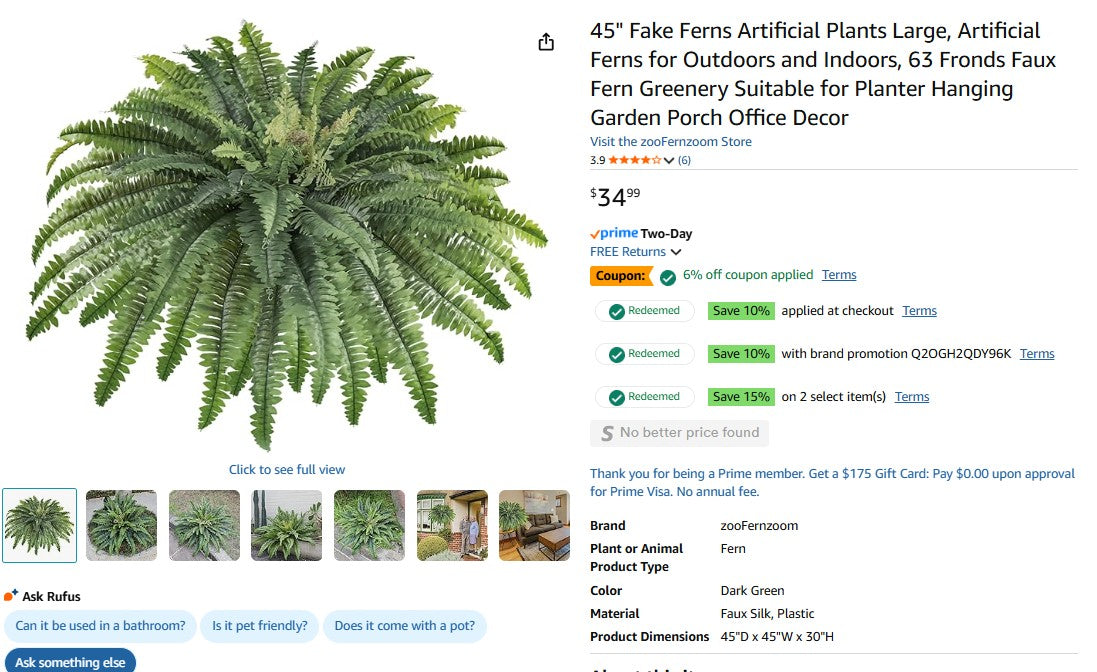 45" Fake Ferns Artificial Plants Large, Artificial Ferns for Outdoors and Indoors