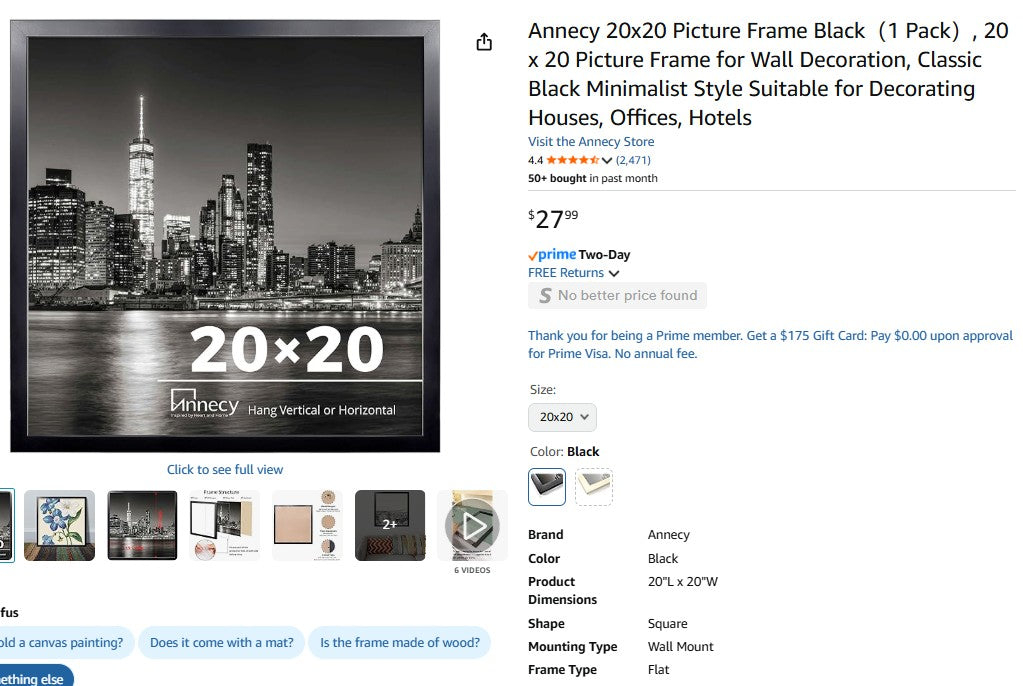 Annecy 20x20 Picture Frame Black(1 Pack), 20 x 20 Picture Frame for Wall Decoration