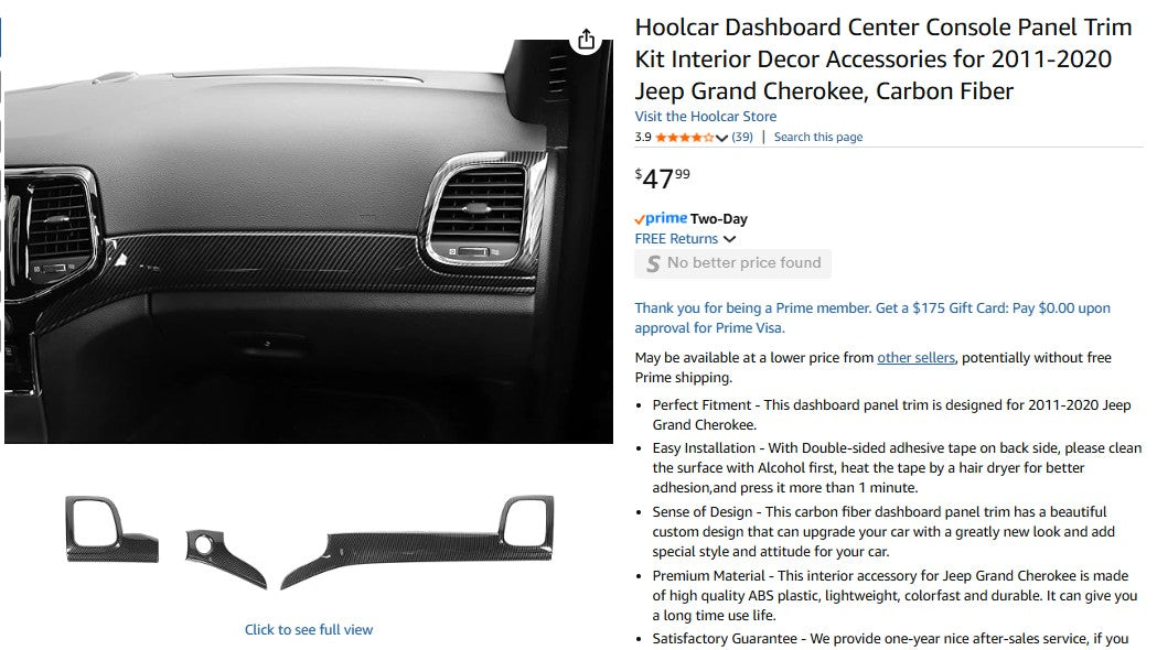 Hoolcar Dashboard Center Console Panel Trim Kit Interior Decor Accessories for 2011-2020 Jeep Grand Cherokee