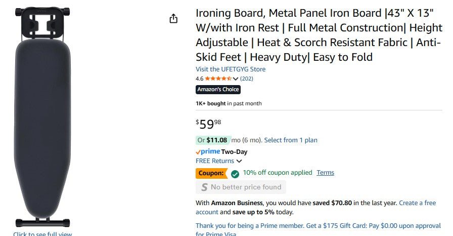Ironing Board, Metal Panel Iron Board |43" X 13" W/with Iron Rest