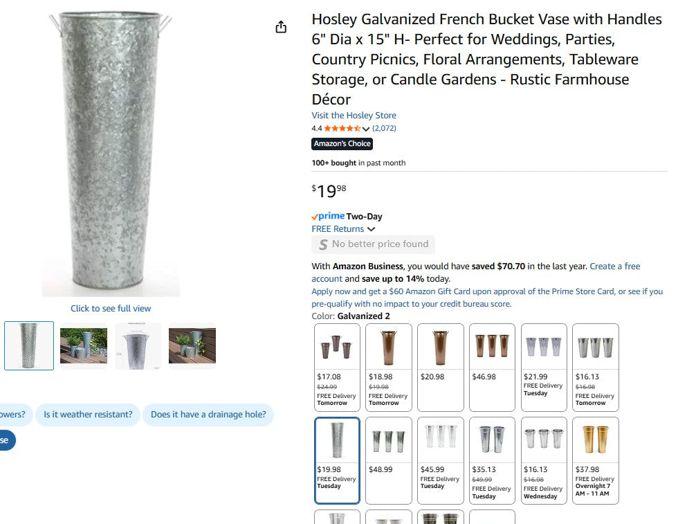 Hosley Galvanized French Bucket Vase with Handles 6" Dia x 15" H