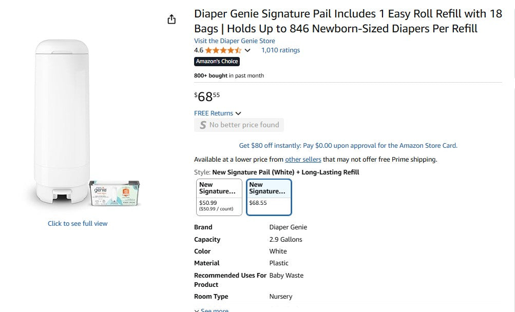 Diaper Genie Signature Pail Holds Up to 846 Newborn-Sized Diapers Per Refill