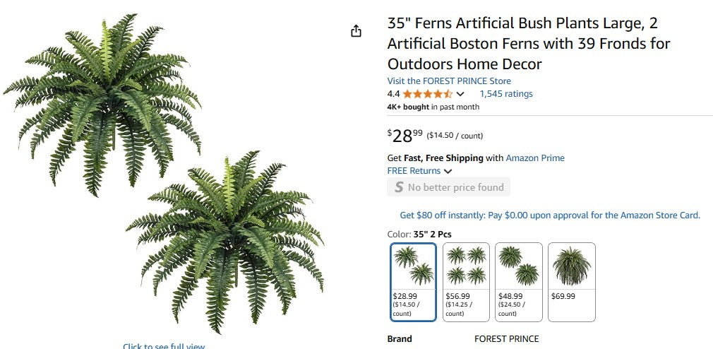 35" Ferns Artificial Bush Plants Large, 2 Artificial Boston Ferns