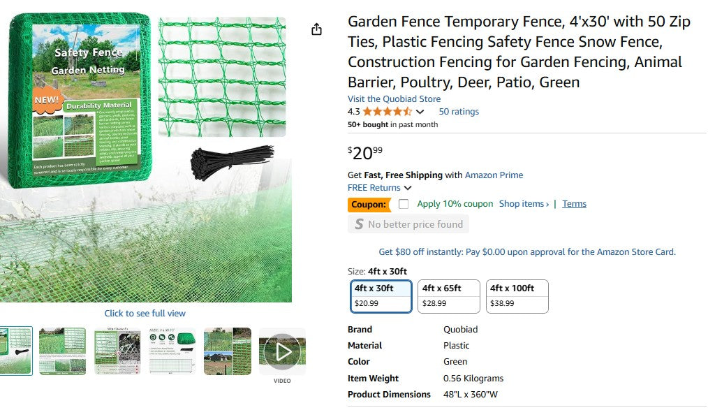 Garden Fence Temporary Fence, 4'x30' with 50 Zip Ties, Plastic Fencing Safety Fence Snow Fence