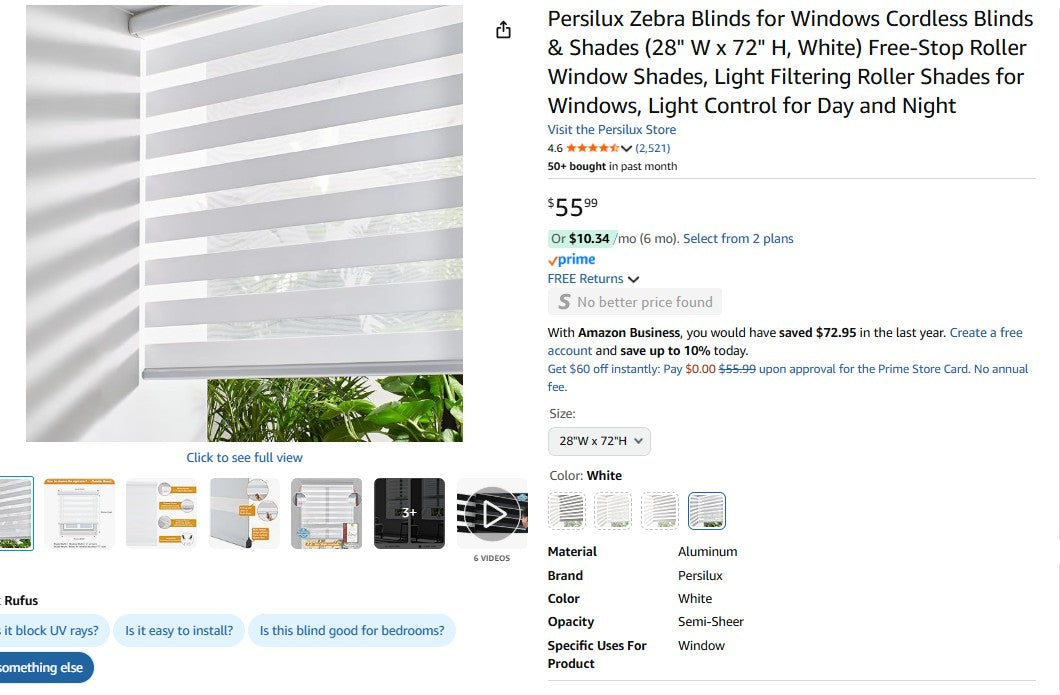 Persilux Zebra Blinds for Windows Cordless Blinds & Shades (28" W x 72" H, White)