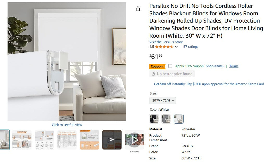 Persilux No Drill No Tools Cordless Roller Shades Blackout Blinds (White, 30" W x 72" H)