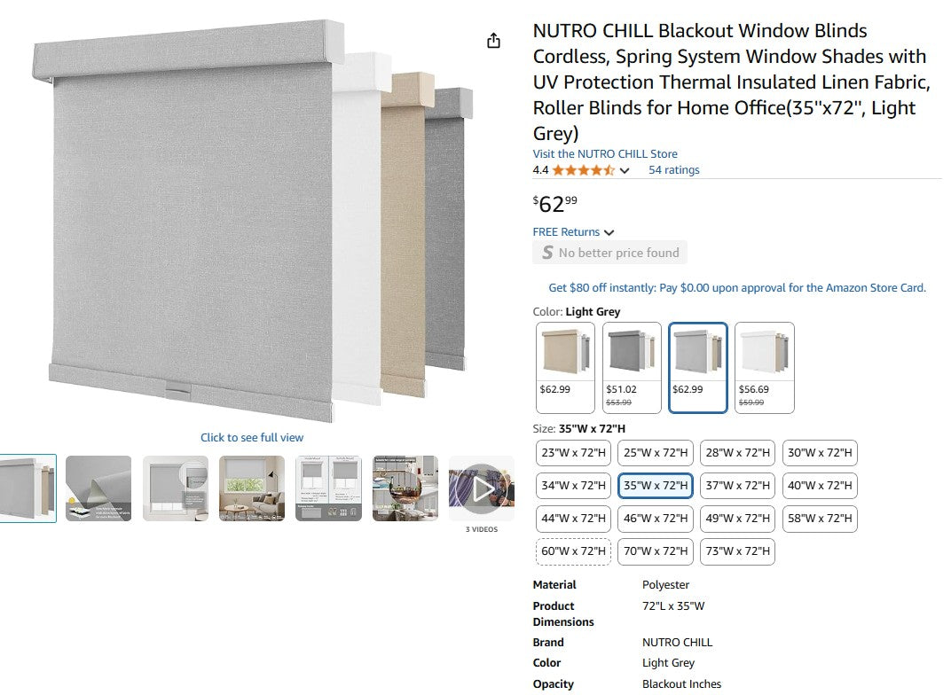 NUTRO CHILL Blackout Window Blinds Cordless (35''x72'', Light Grey)
