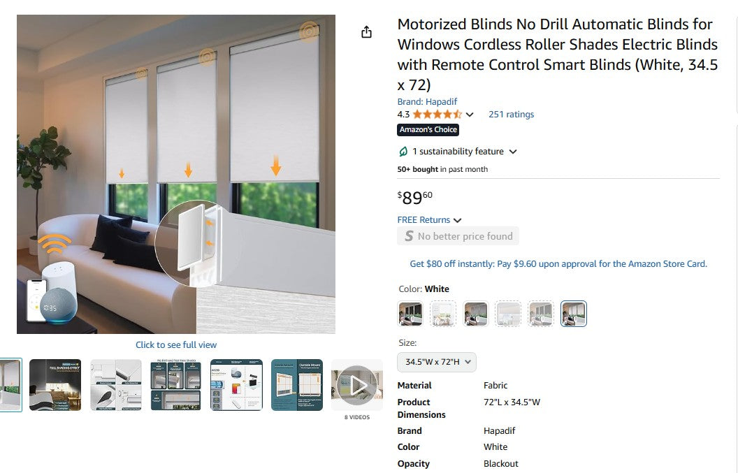 Motorized Blinds No Drill Automatic Blinds for Windows (White, 34.5 x 72)