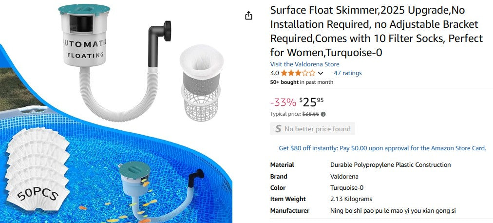 Surface Float Skimmer, 2025 Upgrade, No Installation Required