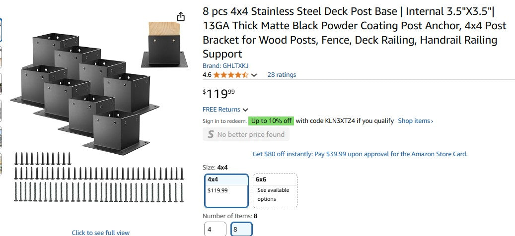 8 pcs 4x4 Stainless Steel Deck Post Base | Internal 3.5"X3.5"| 13GA Thick Matte Black - No Hardware Included