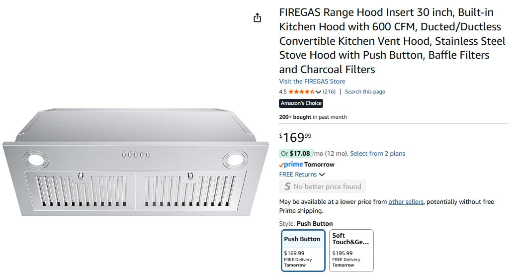 FIREGAS Range Hood Insert 30 inch, Built-in Kitchen Hood with 600 CFM, Ducted/Ductless