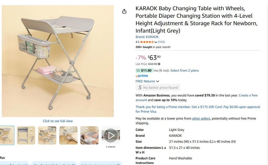 KARAOK Baby Changing Table with Wheels, Portable Diaper Changing Station with 4-Level Height