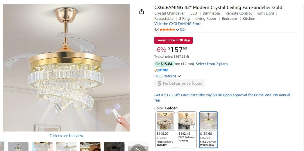 CXGLEAMING 42" Modern Crystal Ceiling Fan Fandelier Gold