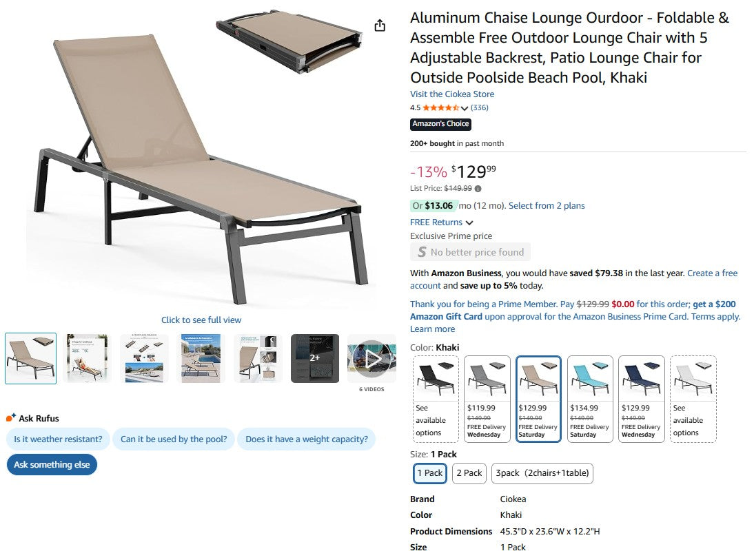 Aluminum Chaise Lounge Outdoor - Foldable & Assemble Free Outdoor Lounge Chair with 5 Positions