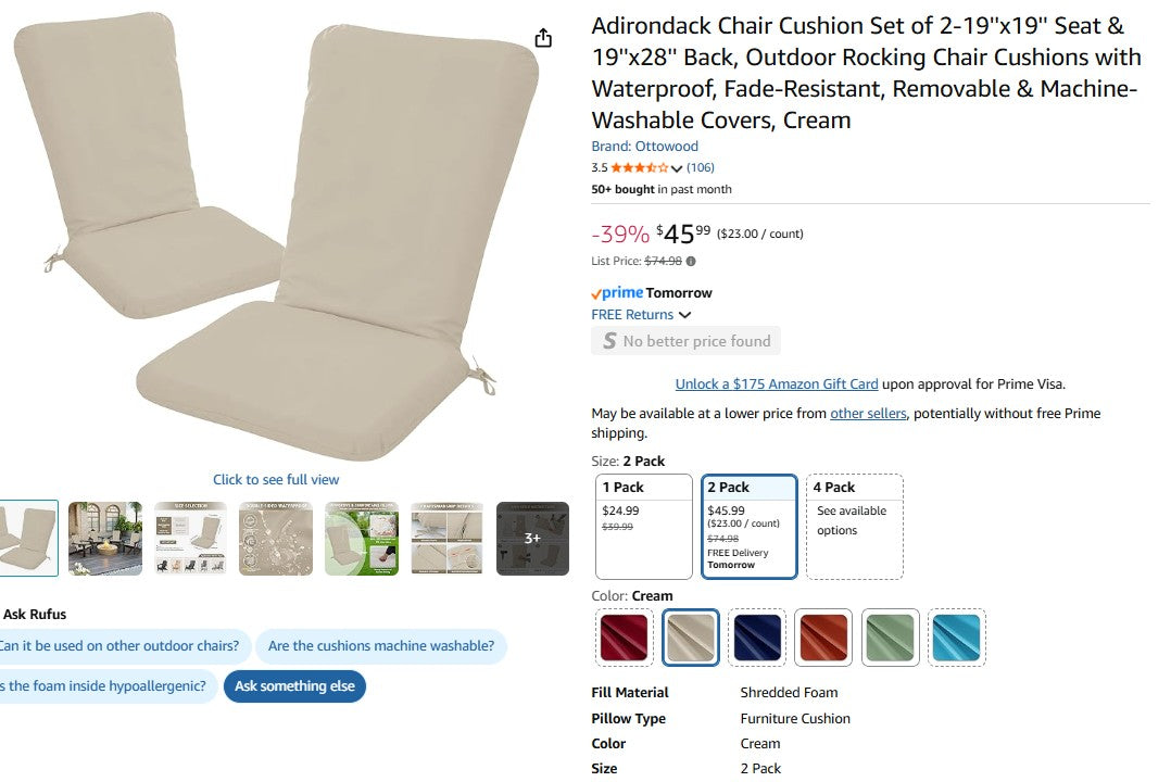 Adirondack Chair Cushion Set of 2-19''x19'' Seat & 19''x28'' Back