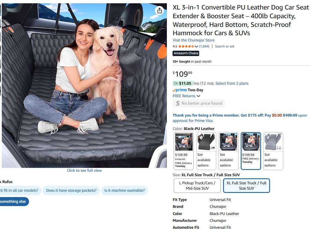 XL 3-in-1 Convertible PU Leather Dog Car Seat Extender & Booster Seat – 400lb Capacity