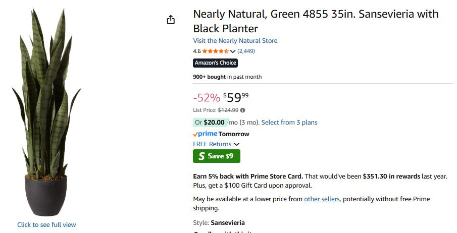 Nearly Natural, Green 4855 35in. Sansevieria with Black Planter