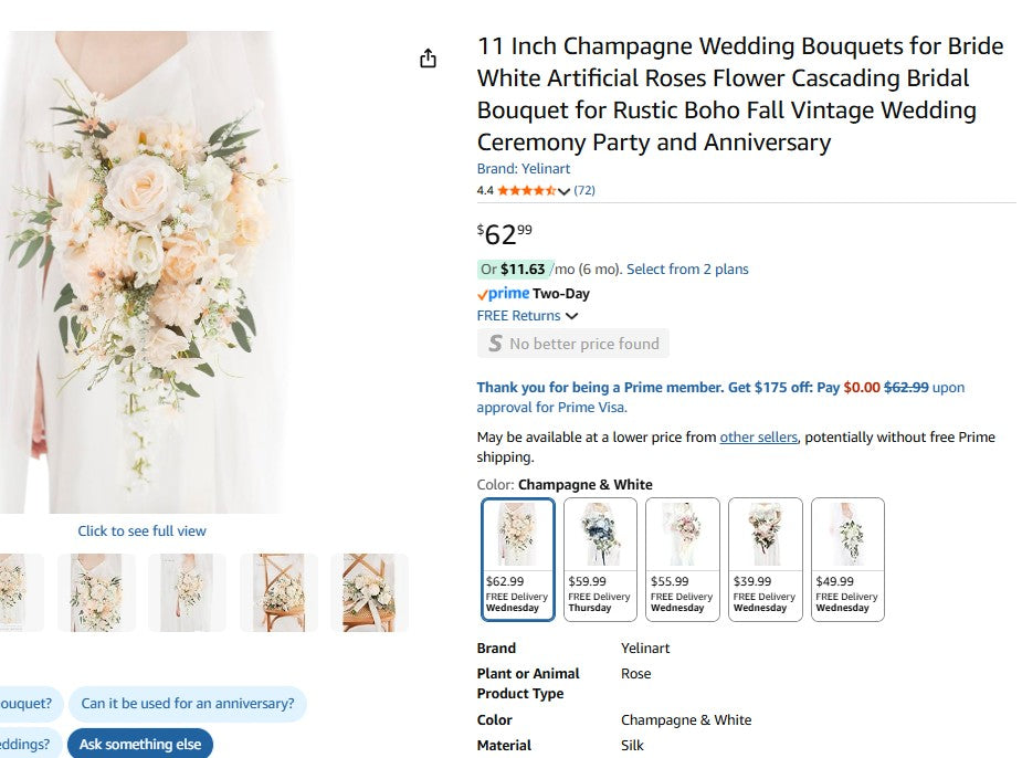 11 Inch Champagne Wedding Bouquets for Bride White Artificial Roses Flower Cascading Bridal Bouquet