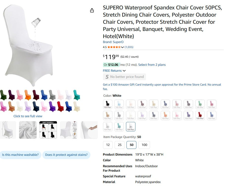 SUPERO Waterproof Spandex Chair Cover 50PCS, Stretch Dining Chair Covers, Polyester Outdoor Chair Covers