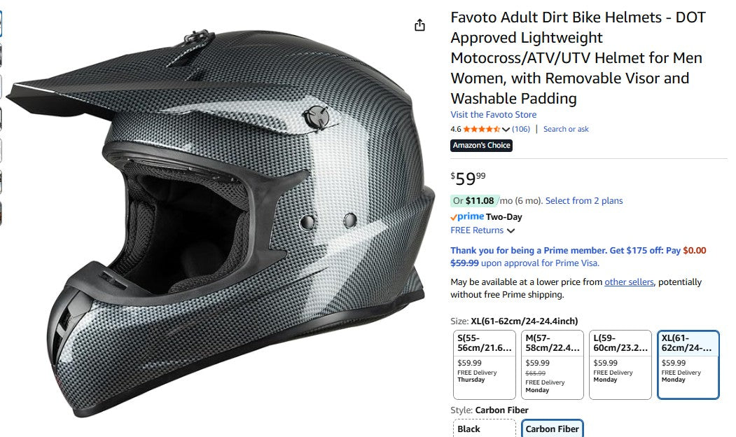 Favoto Adult Dirt Bike Helmets - DOT Approved Lightweight Motocross -XL