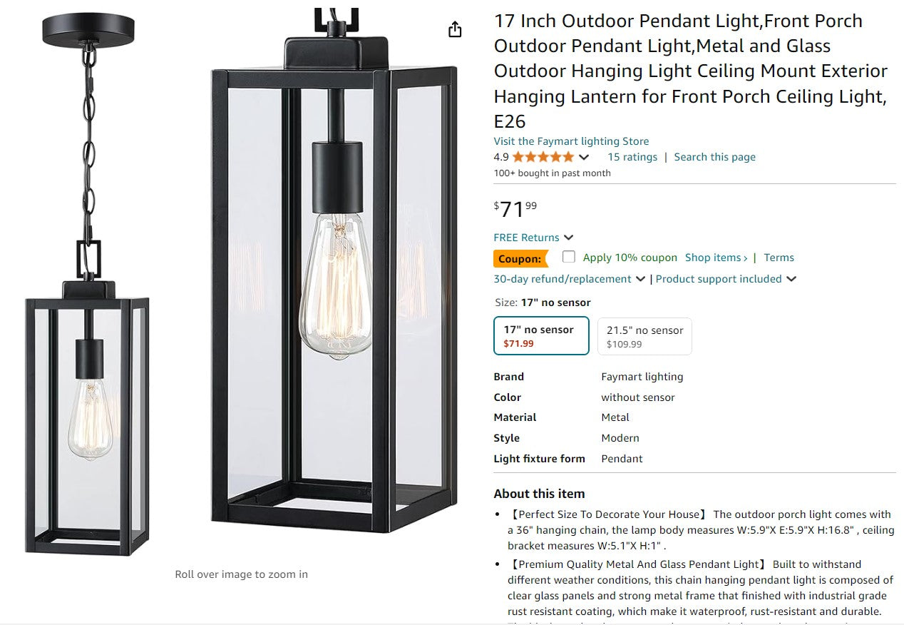 17 Inch Outdoor Pendant Light, Front Porch Outdoor Pendant Light