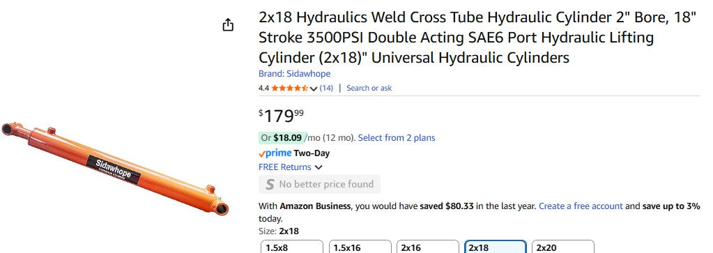 2x18 Hydraulics Weld Cross Tube Hydraulic Cylinder 2" Bore, 18" Stroke 3500PSI