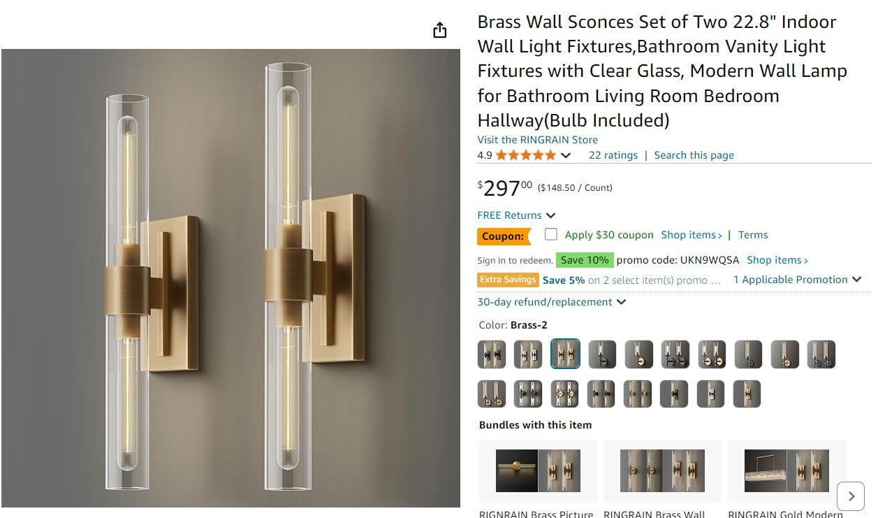 Brass Wall Sconces Set of Two 22.8" Indoor Wall Light Fixtures,Bathroom Vanity Light