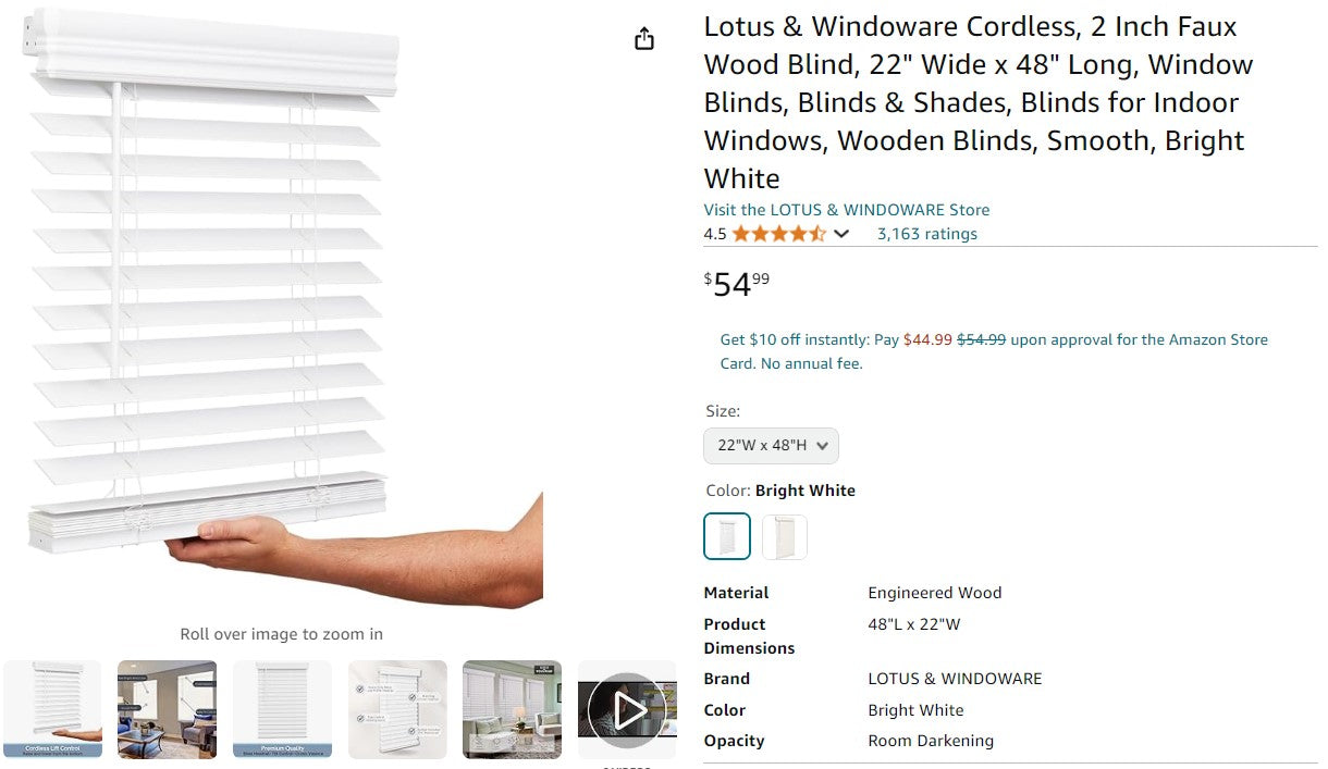 Lotus & Windoware Cordless, 2 Inch Faux Wood Blind, 22" Wide x 48" Long