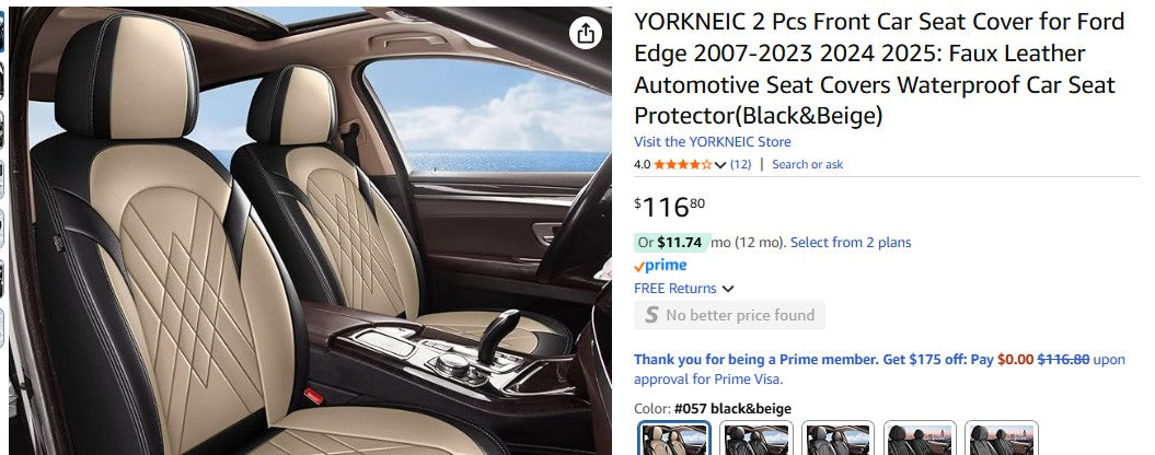 YORKNEIC 2 Pcs Front Car Seat Cover for Ford Edge 2007-2023 2024 2025