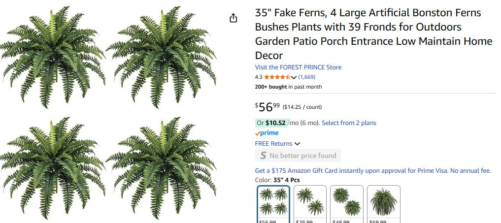 35" Fake Ferns, 4 Large Artificial Bonston Ferns Bushes Plants with 39 Fronds