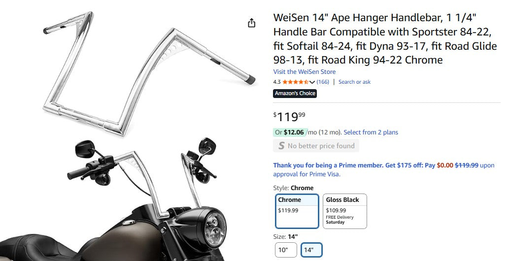 WeiSen 14" Ape Hanger Handlebar, 1 1/4" Handle Bar Compatible with Sportster 84-22