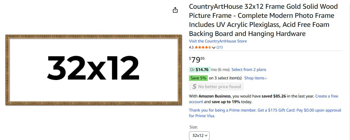 CountryArtHouse 32x12 Frame Gold Solid Wood Picture Frame