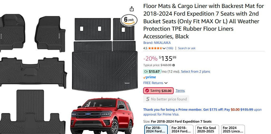 Floor Mats & Cargo Liner with Backrest Mat for 2018-2024 Ford Expedition (Only Fit MAX Or L)