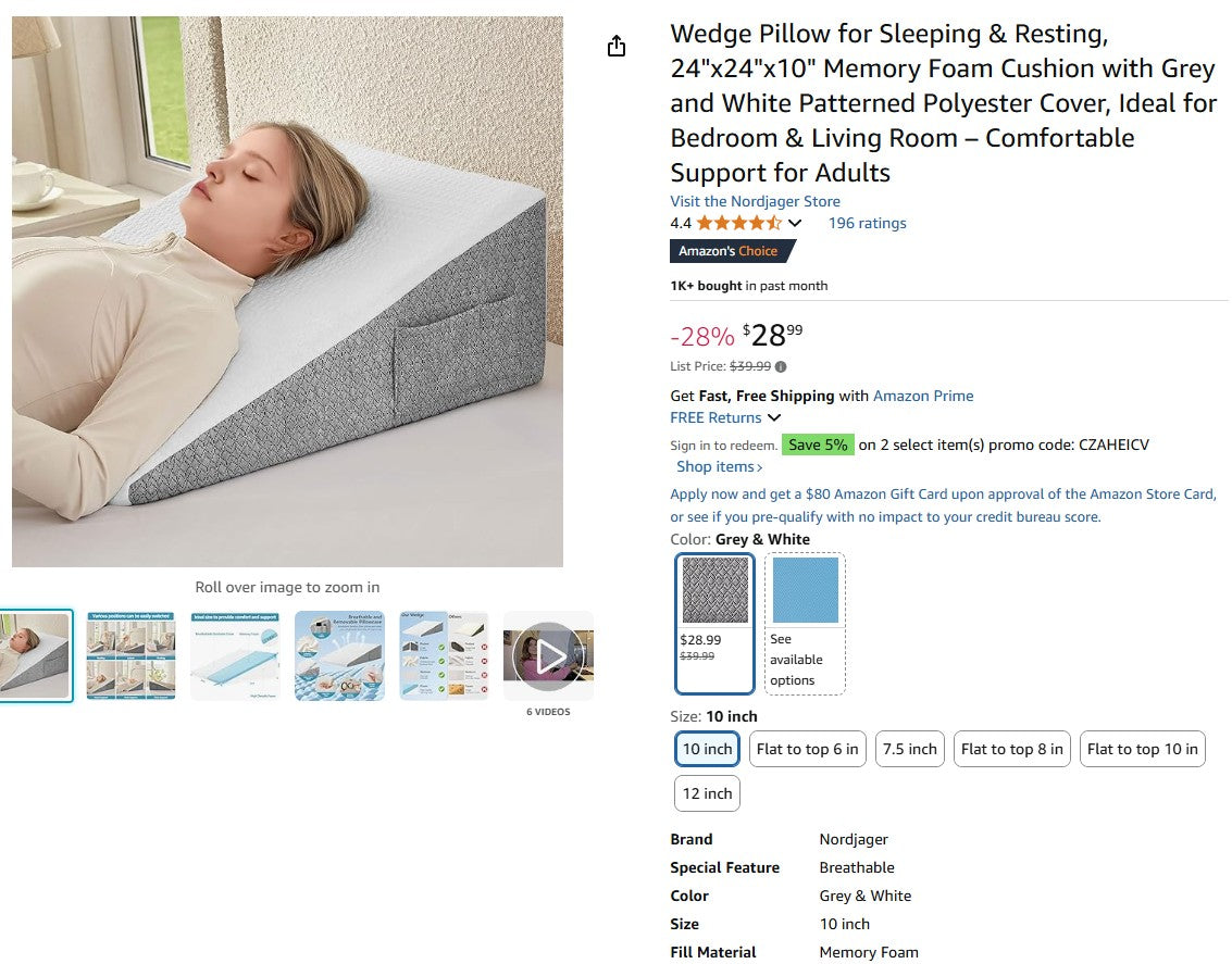 Wedge Pillow for Sleeping & Resting, 24"x24"x10" Memory Foam Cushion