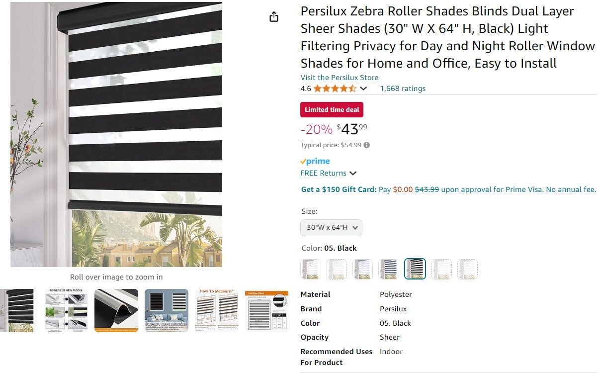 Persilux Zebra Roller Shades Blinds Dual Layer Sheer Shades (30" W X 64" H, Black)