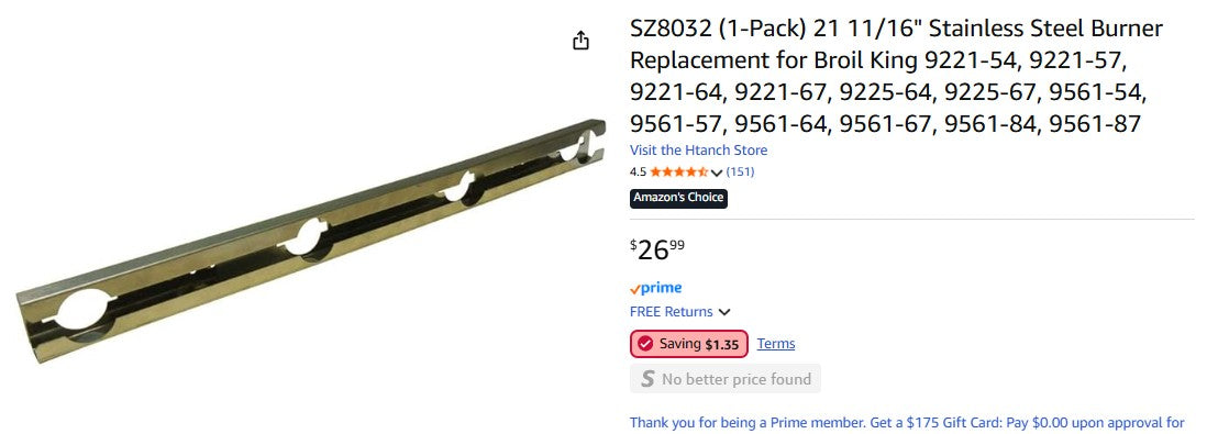 SZ8032 (1-Pack) 21 11/16" Stainless Steel Burner Replacement for Broil King