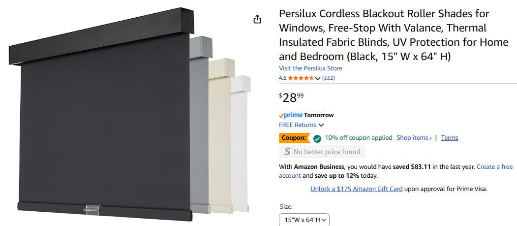 Persilux Cordless Blackout Roller Shades for Windows (Black, 15" W x 64" H)