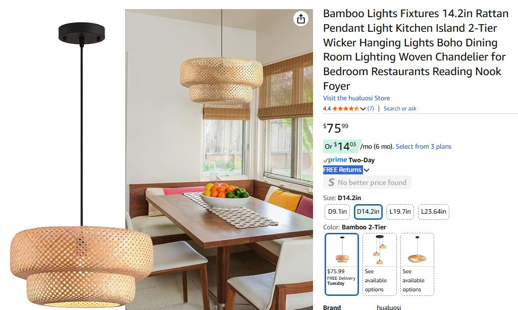 Bamboo Lights Fixtures 14.2in Rattan Pendant Light Kitchen Island 2-Tier Wicker Hanging Light