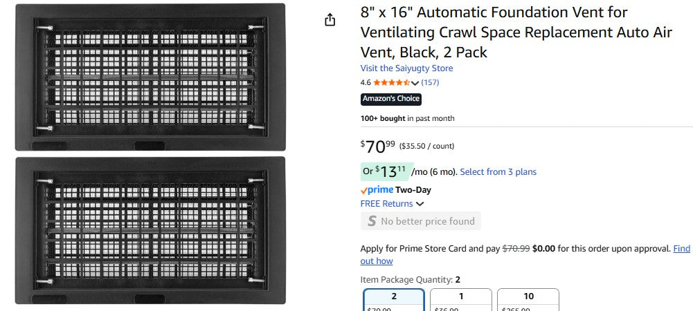 8" x 16" Automatic Foundation Vent for Ventilating Crawl Space Replacement Auto Air Vent, Black, 2 Pack