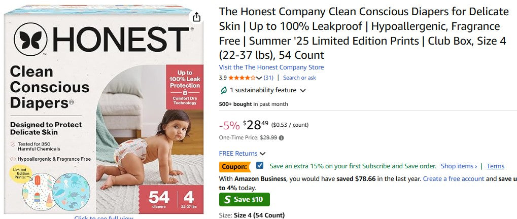 The Honest Company Clean Conscious Diapers for Delicate Skin | Up to 100% Leakproof, Size 4, 54 Count