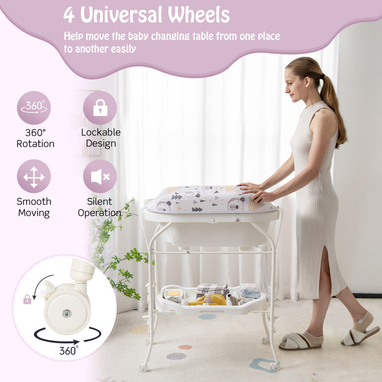 Folding Baby Changing Table with Bathtub and 4 Universal Wheels