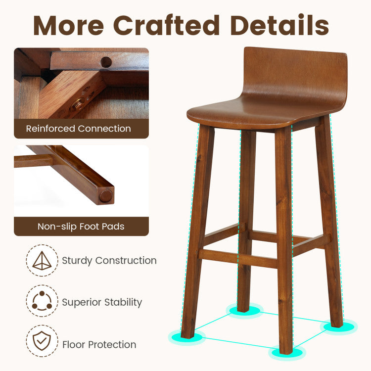 29 Inch Wood Bar Stools Set of 2 with Solid Back and Seat