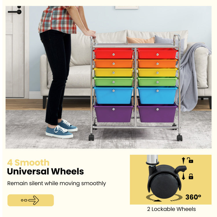 12-Drawer Rolling Storage Cart with Removable Drawers and Lockable Wheels